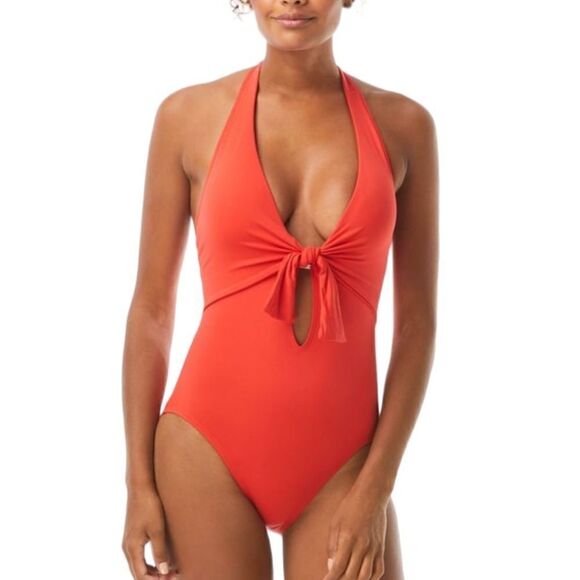 NEW - VINCE CAMUTO Women's Poppy Red Knot-Front Tie Halter One Piece Swimsuit 4 - Picture 8 of 8